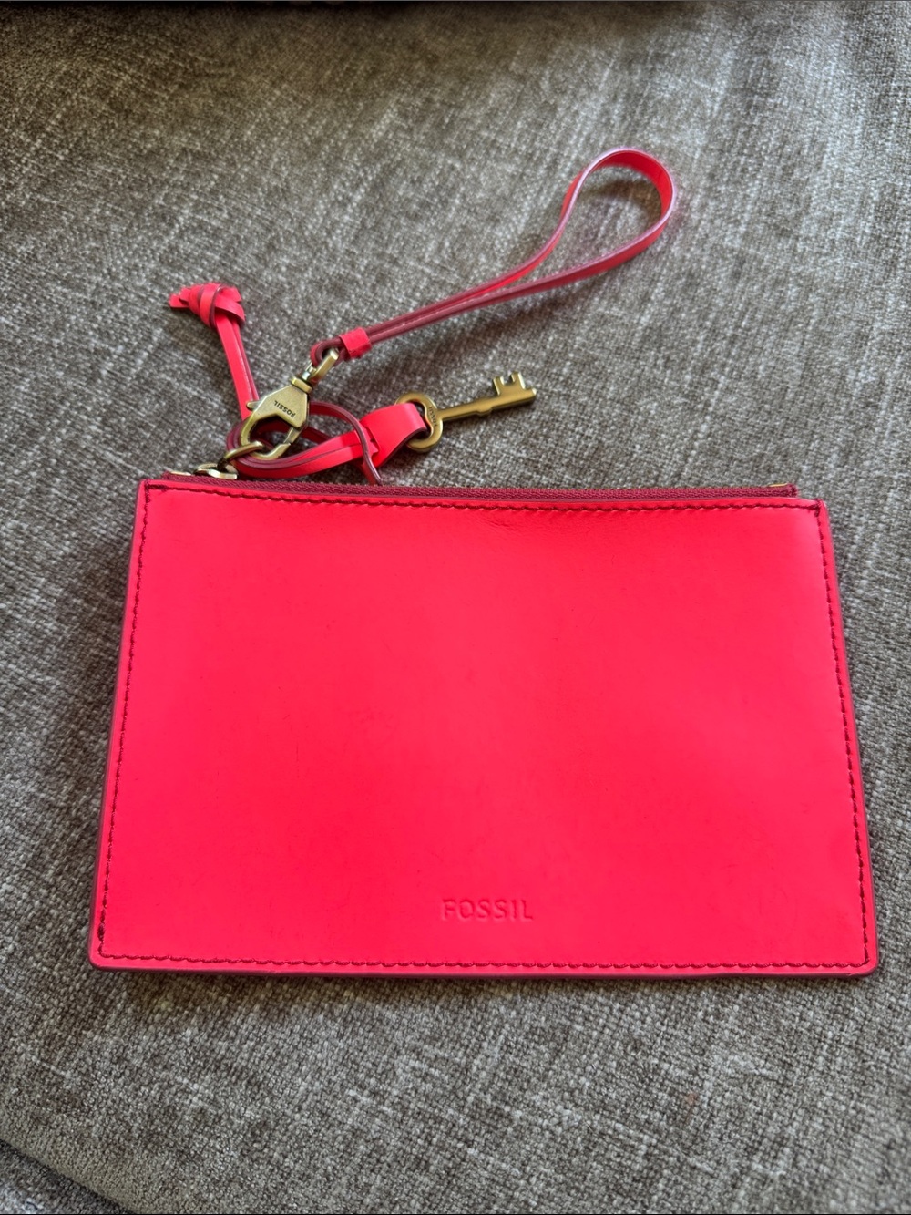 Fossil Bright Pink Leather Wristlet Card Holder with Key Charm